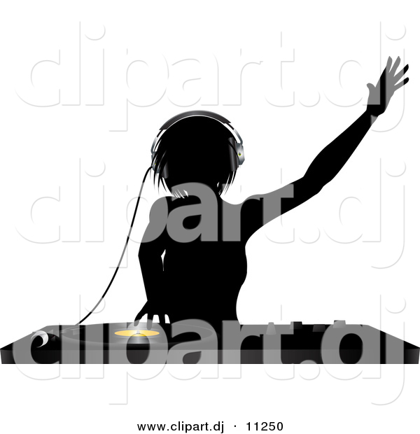 Vector Clipart of a Silhouetted Female DJ Mixing a Record on a Turntable While Dancing with Headphones on