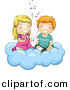 Cartoon Vector Clipart of a Cartoon Boy and Girl Listening to Love Songs While Sitting on a Cloud by BNP Design Studio