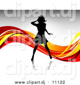 Vector Clipart of a Black Silhouetted Woman Wearing Headphones and Dancing over a Gray Background with Waves of Orange, Red and Yellow by KJ Pargeter